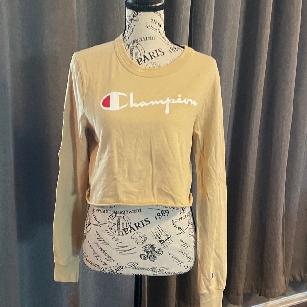 Champion Women's Pale Yellow Logo Crop Long Sleeve TShirt